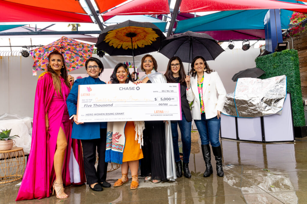 (L-R) LATINAFest Co-Founder Naibe Reynoso, Lina Munoz, Chase LA Central Market Manager for Business Banking, Grant winner Maggie Solorzano Muneton, Bel Hernandez (LATINAFest Co-founder, Maria Garcia, Chase Regional Director of Banking for North Los Angeles Region, and Silvana Montenegro,  Global Head of Hospanic & Latino at JP Morgan Chase